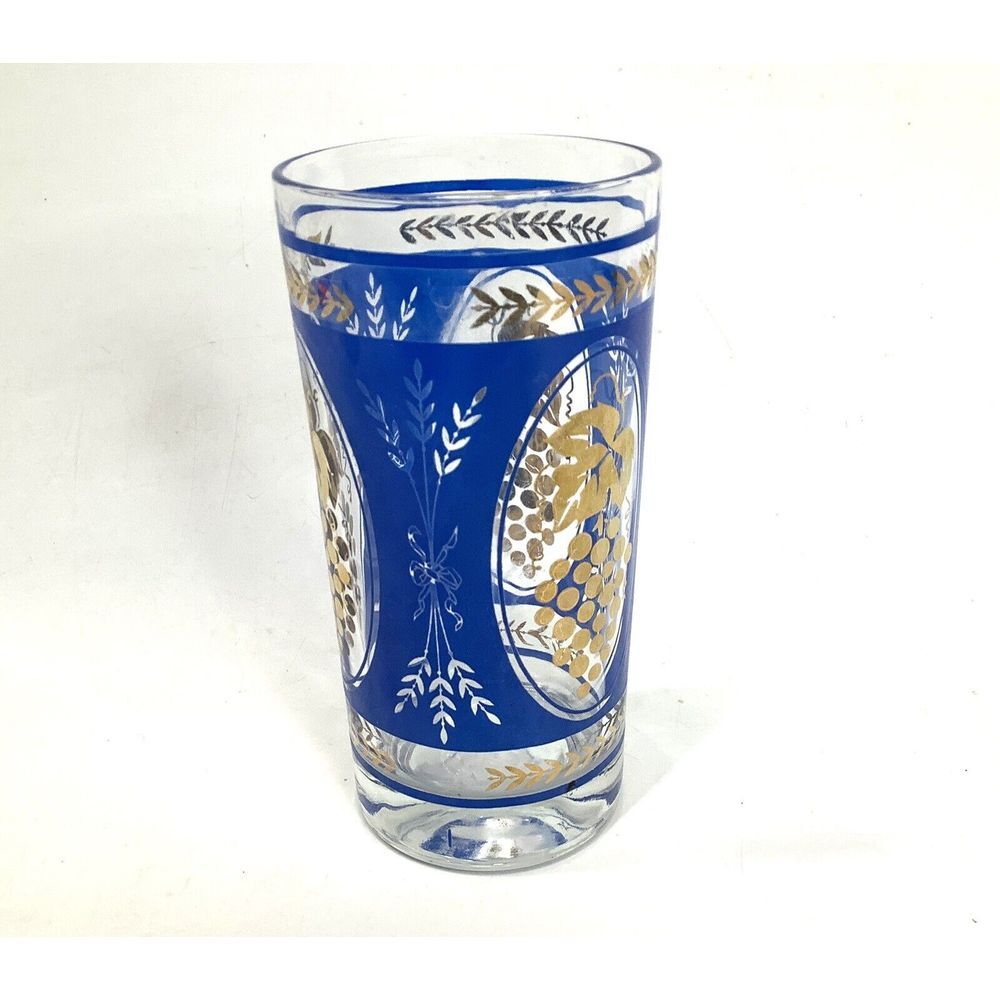 Vtg Mid Century Cobalt Blue Wheat Gold Grapes Glass Drinking Tumbler 2.5"x5.5"